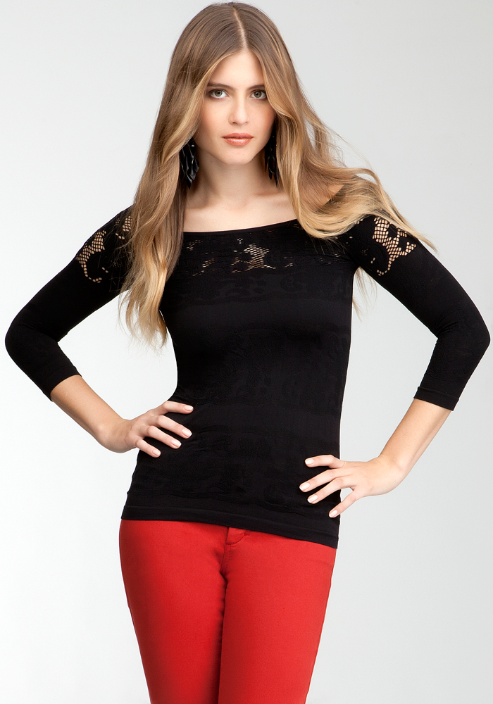 bebe Open Lace Shoulder Top