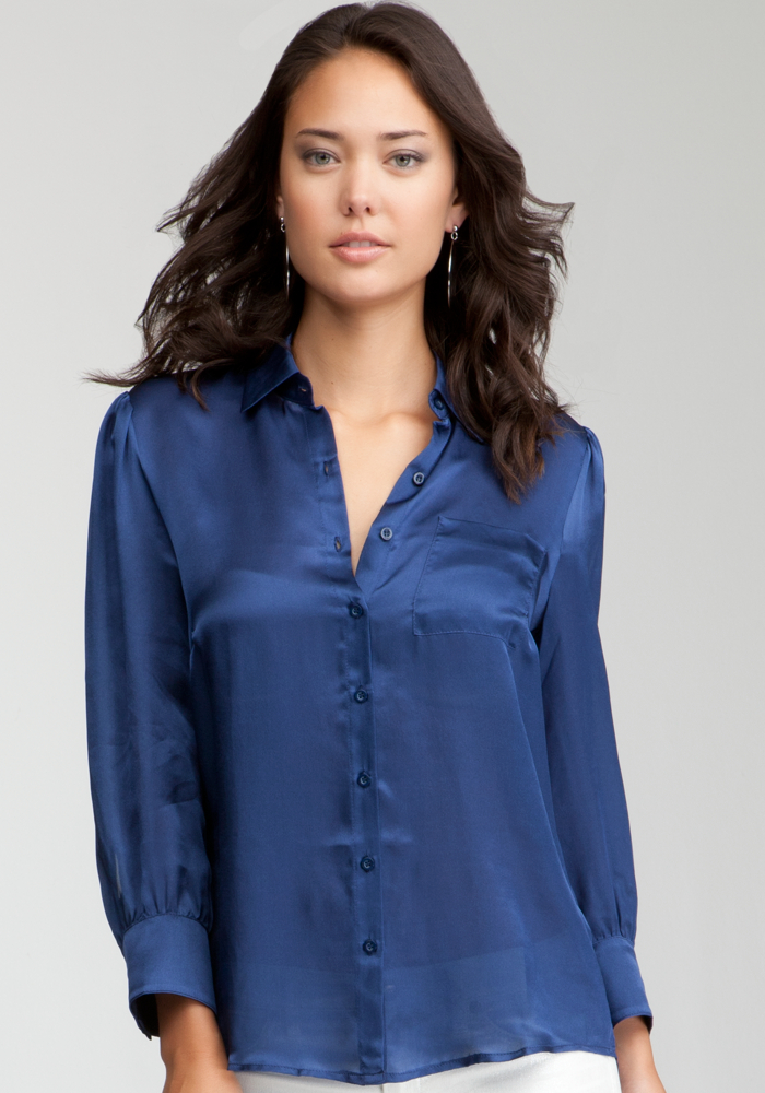 bebe Simple Satin Silk Button Up Blouse