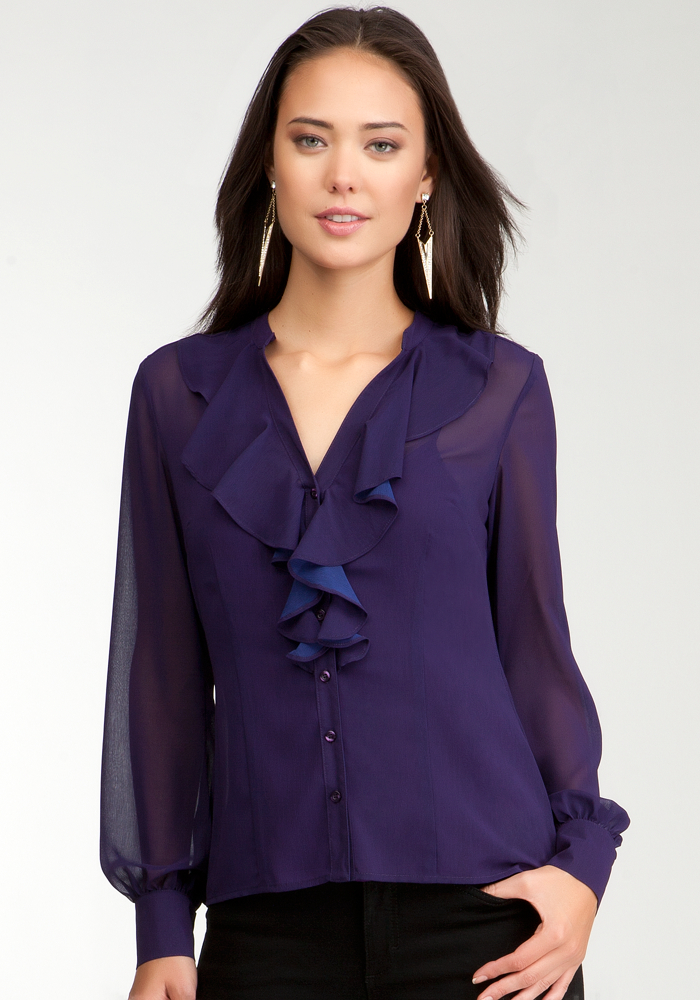 Two Tone Ruffle Front Button Up Blouse - Crown Jewel - S