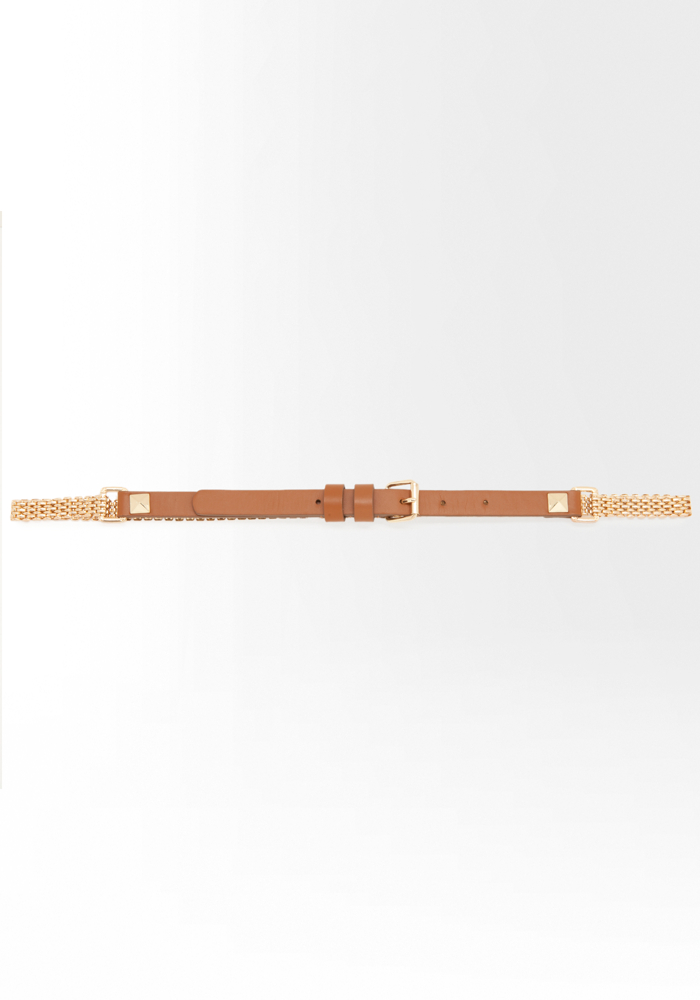 Chain & Pyramid Skinny Belt - Cognac - M/L