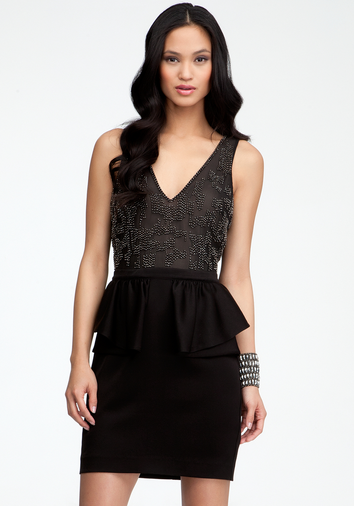 bebe Sequin Patchwork Peplum Dress