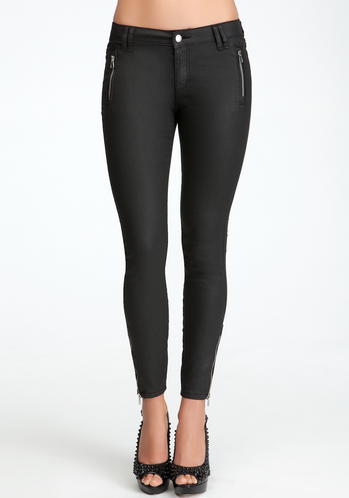 Matte Coated Zipper Skinny Jeans at bebe
