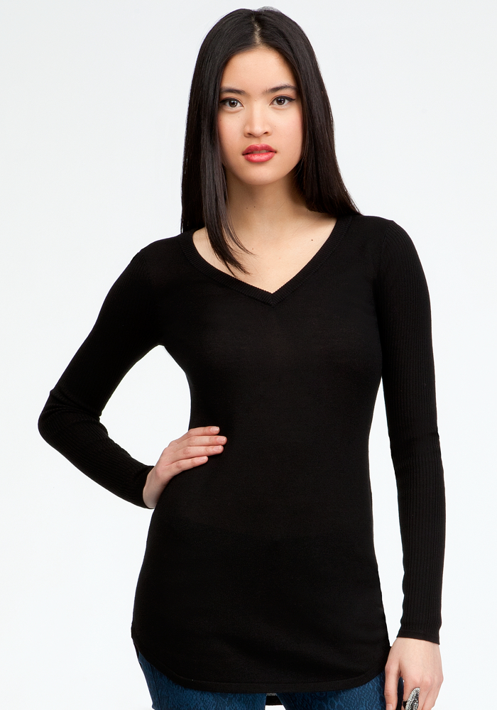 Long Sleeve Hi-Lo Sweater - Blk - Xs