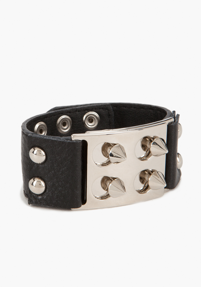 Leather & Spike Bracelet - Black/Silver - 1Sz