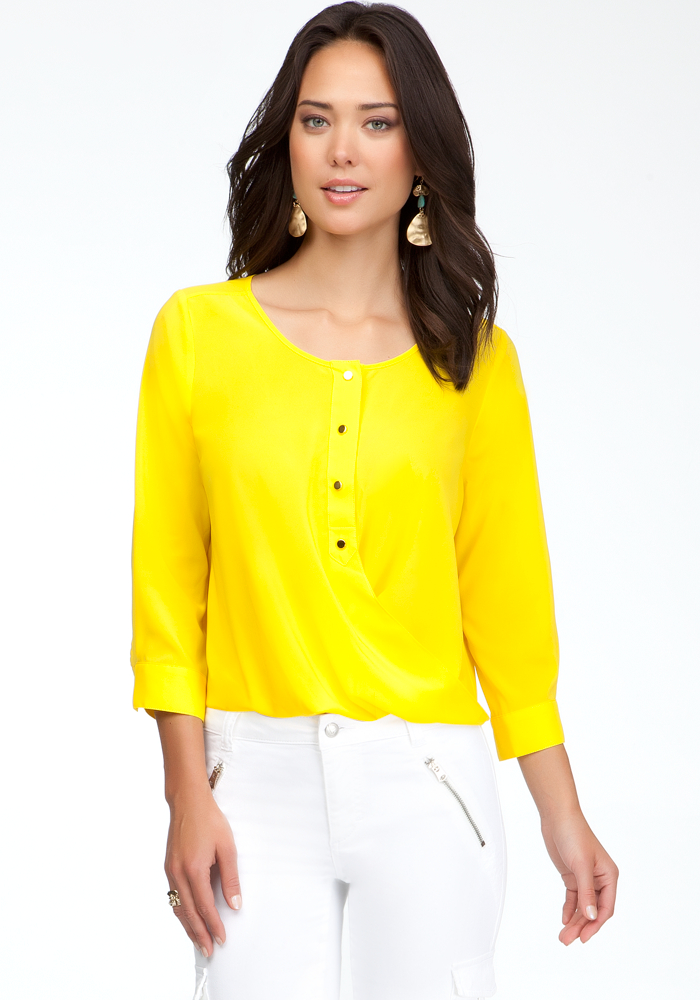 bebe Twist Hem Sheer Button Up Blouse