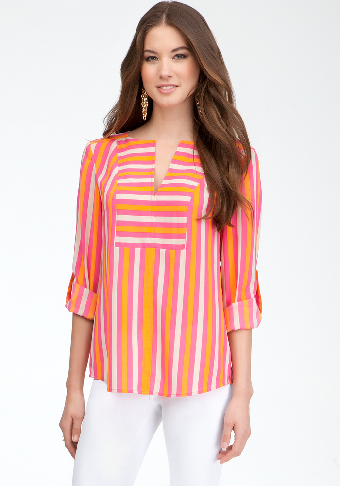 bebe Tricolor Stripe V-Neck Tunic