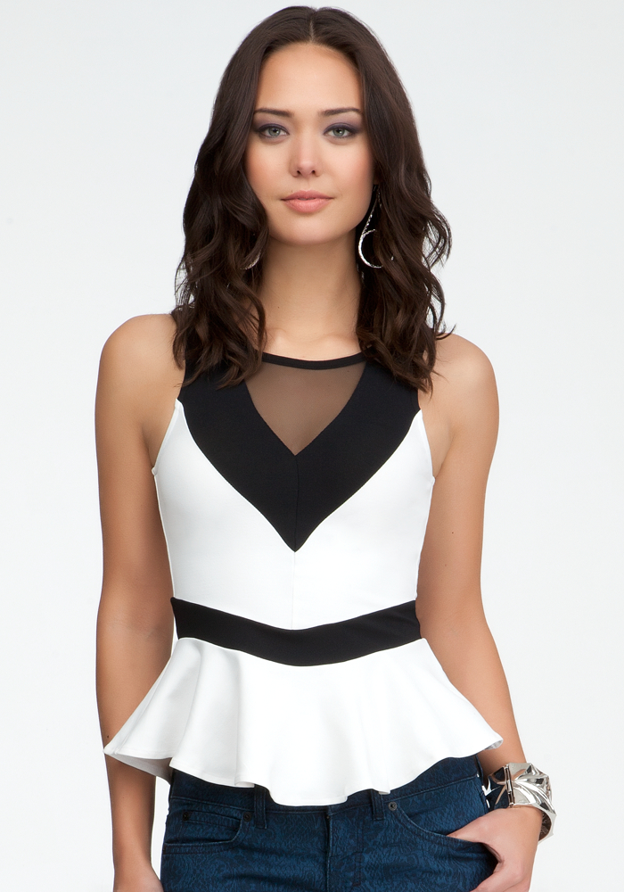 Colorblock Mesh Peplum Tank at bebe