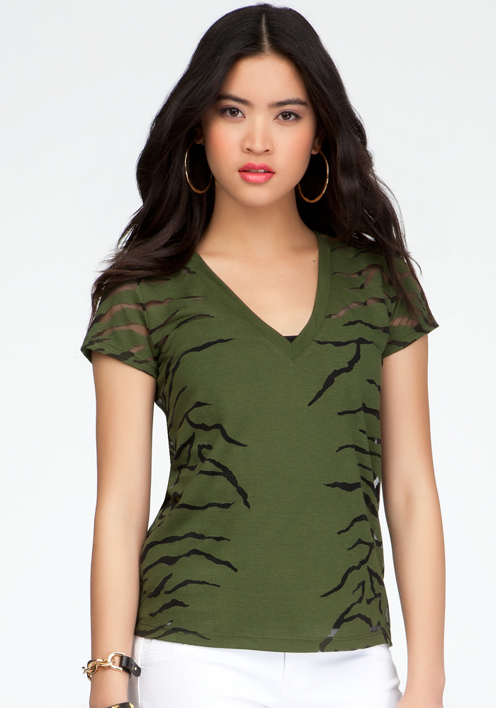 bebe V-Neck Sheer Tiger Print Tee