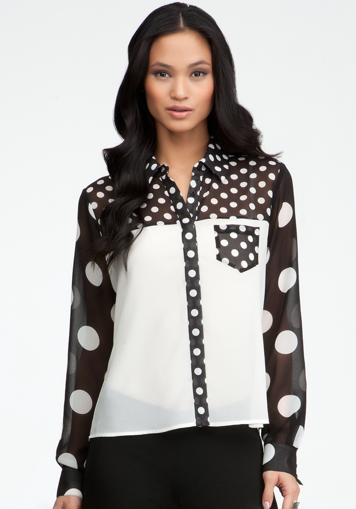 bebe Mix Dot Blocked Button Up Blouse