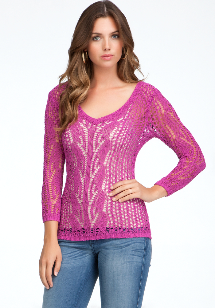 bebe Lace Stitch V-Neck Sweater