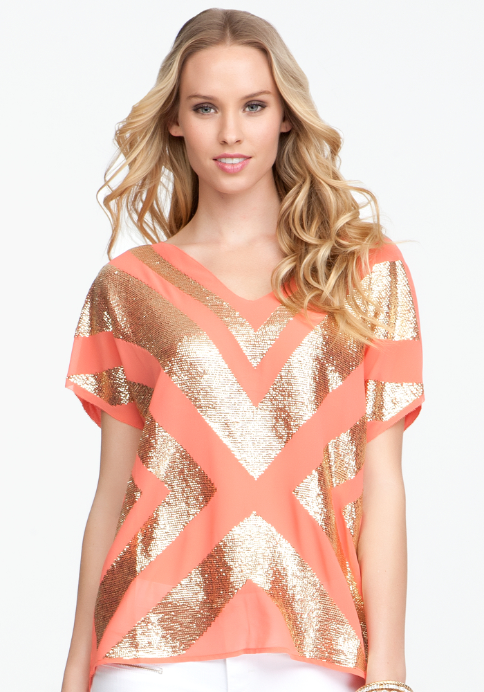 Sequin V-Neck Woven Top - ONLINE EXCLUSIVE at bebe