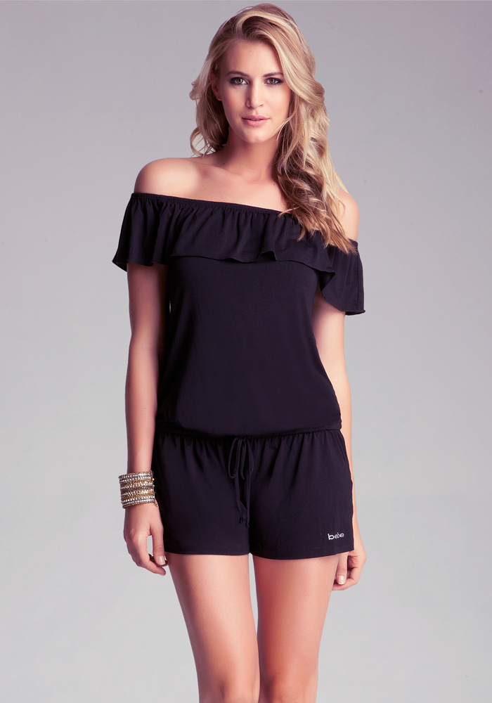 bebe Logo Ruffled Off Shoulder Romper