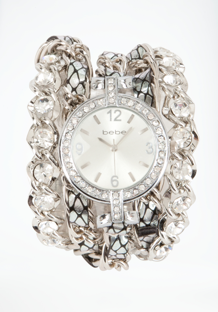 bebe Rhinestone & Chain Snake Watch