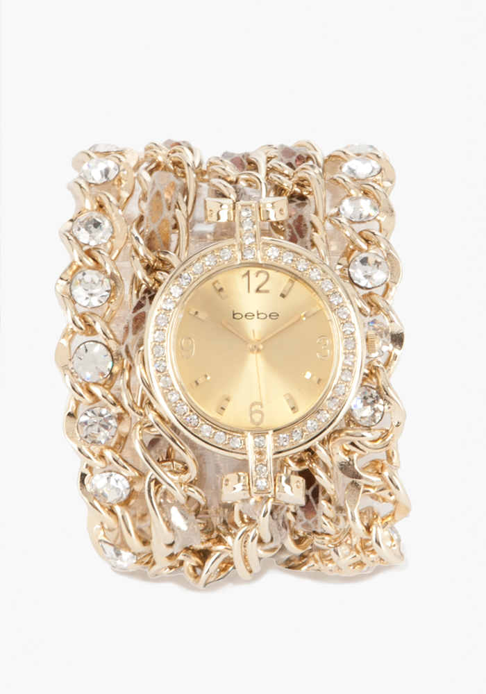 bebe Rhinestone & Chain Snake Watch
