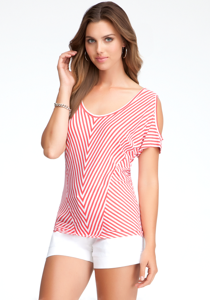 bebe Striped Cold Shoulder Knit Top