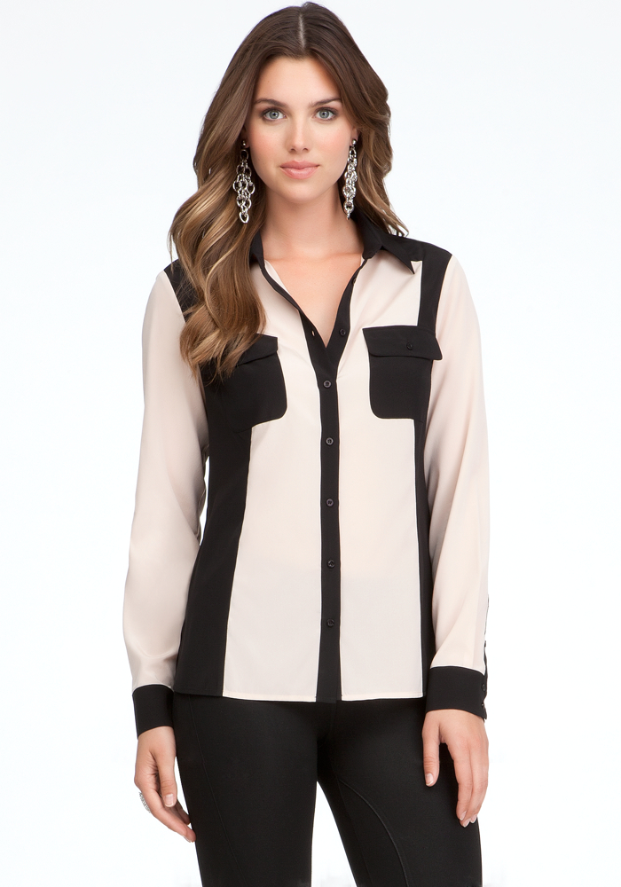 bebe Colorblock Button Up Blouse