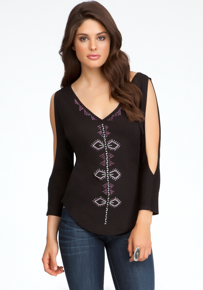 bebe Embellished Cold Shoulder Top