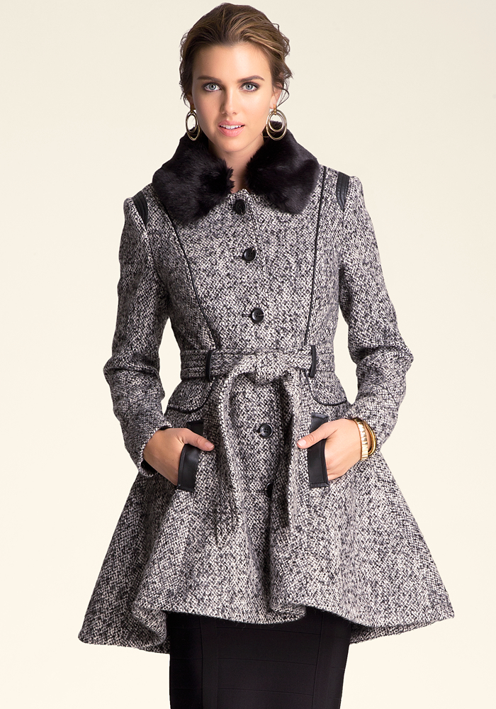 Wool Tweed Fit and Flare Coat bebe