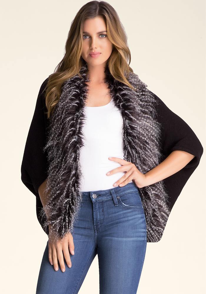 Faux Fur Trimmed Ruana Sweaters bebe