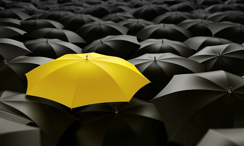 Yellow unbrella in a crowd of gray unbrellas