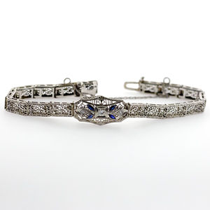 14k White Gold Filagree Sapphire Diamond Bracelet