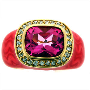 Haggai Red Enamel Pink Topaz and Diamond Ring