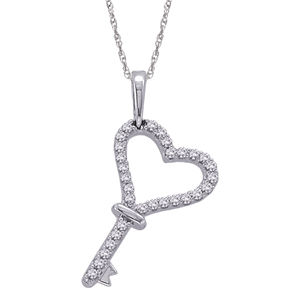 Elegant Diamond Heart Key Pendant 14k White Gold