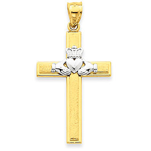 Two-tone Claddagh Cross Pendant 14k Gold