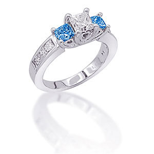 Princess Cut Three Stone Blue Diamond Ring