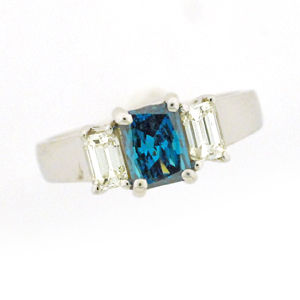 Three Stone Emerald Cut Blue Diamond Ring
