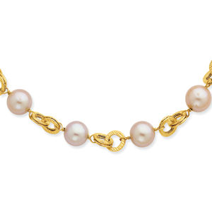 Pink Cultured Pearl and Texutred Link Necklace
