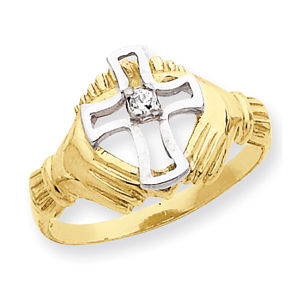 14k Rhodium Claddagh w/ CZ Cross Ring