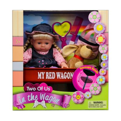 Doll with red wagon