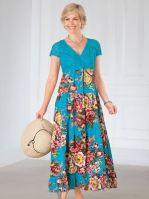 V-Neckline Floral-Print Dress by La Cera