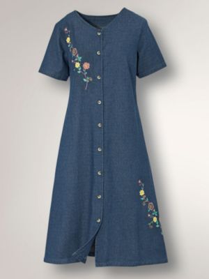 Cotton Denim Dress with Embroidery