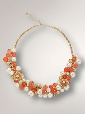 Coral-Toned Floral Beaded Necklace