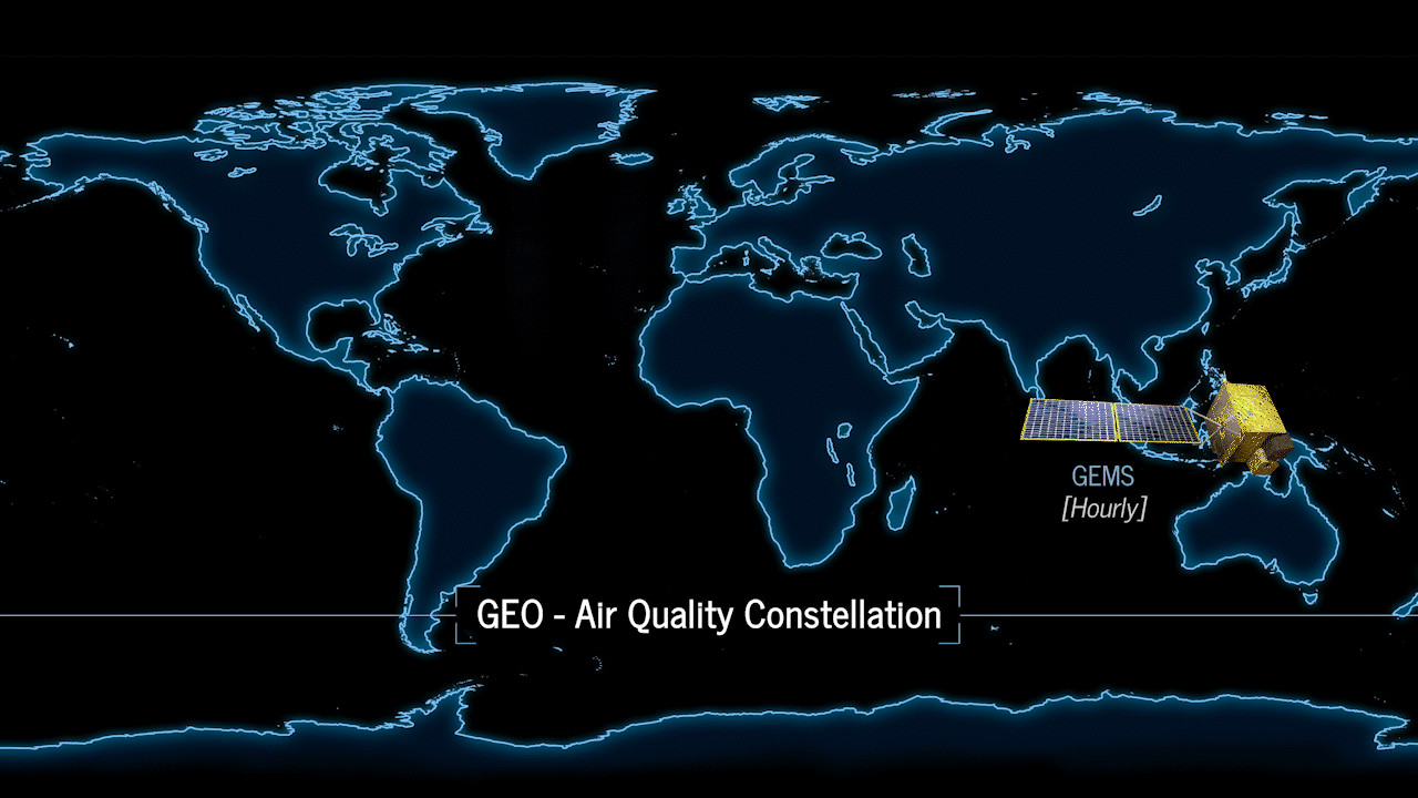 A drawn 2D map of the world shows the regions in North America, Europe, and Asia from which TEMPO, Sentinel-4, and GEMS will collect air quality data. 