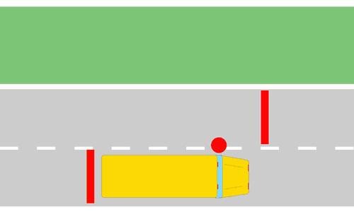 Cars approach a school bus from behind and in an oncoming lane. Both cars stop at least 10 feet from the bus with its stop arm extended.