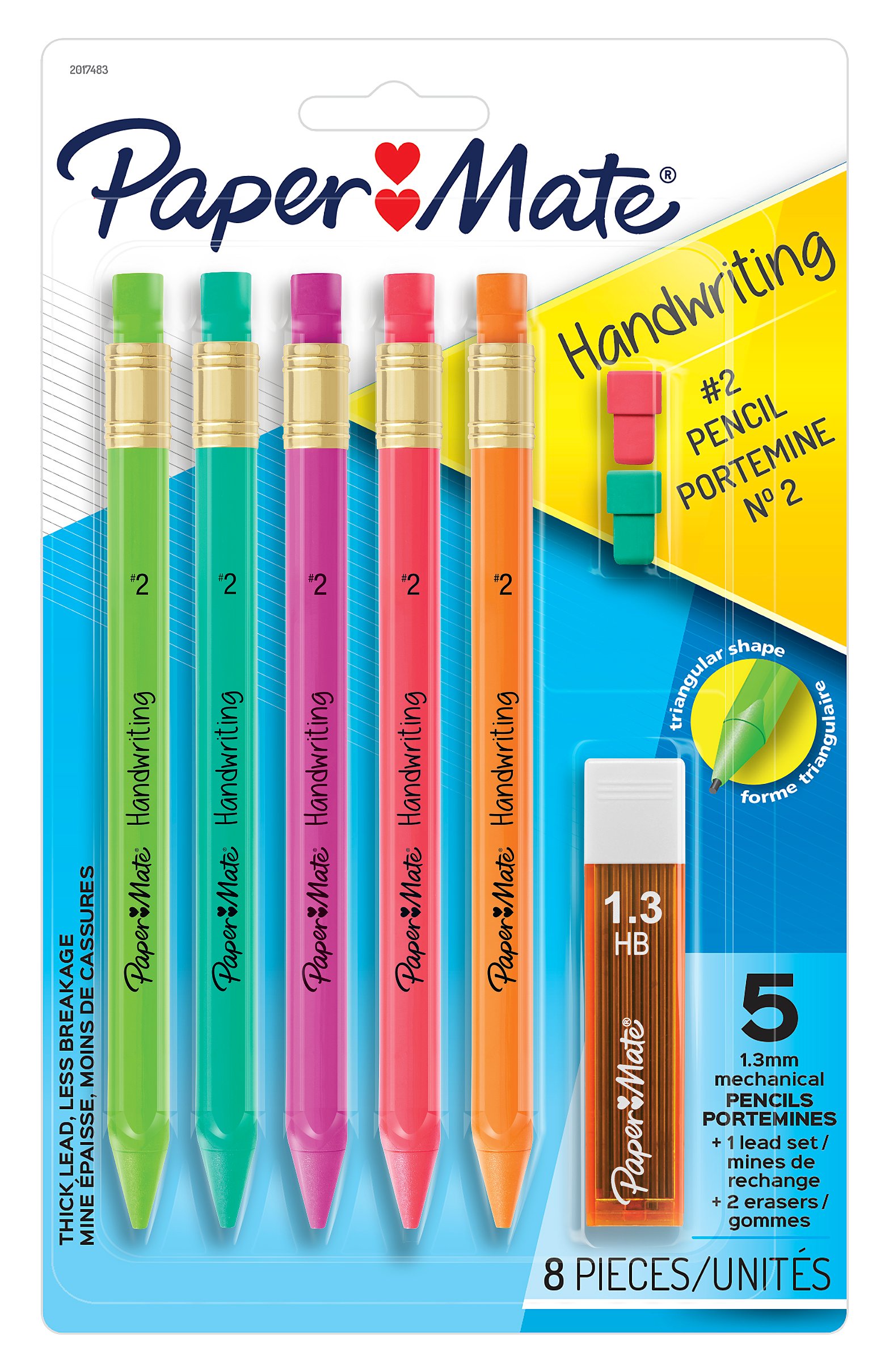 8 Count 2017484 Fun Barrel Colors 1.3mm Paper Mate Handwriting Triangular Mechanical Pencil Set with Lead & Eraser Refills 