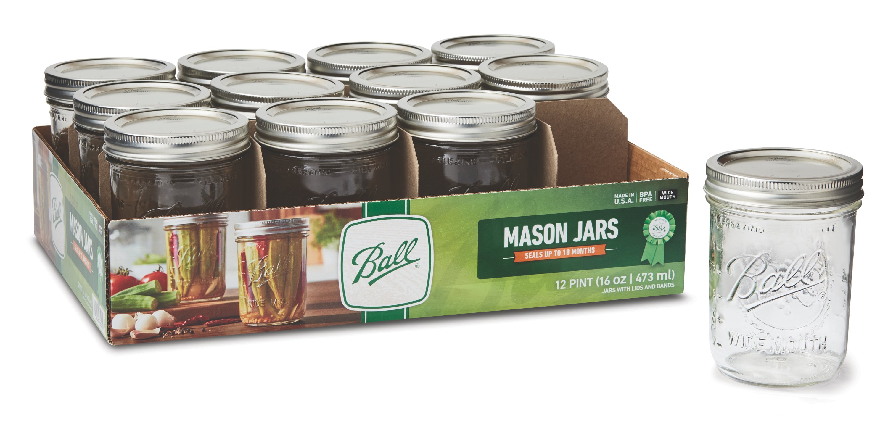 Ball 16oz 12pk Glass Wide Mouth Mason Jar With Lid And Band : Target