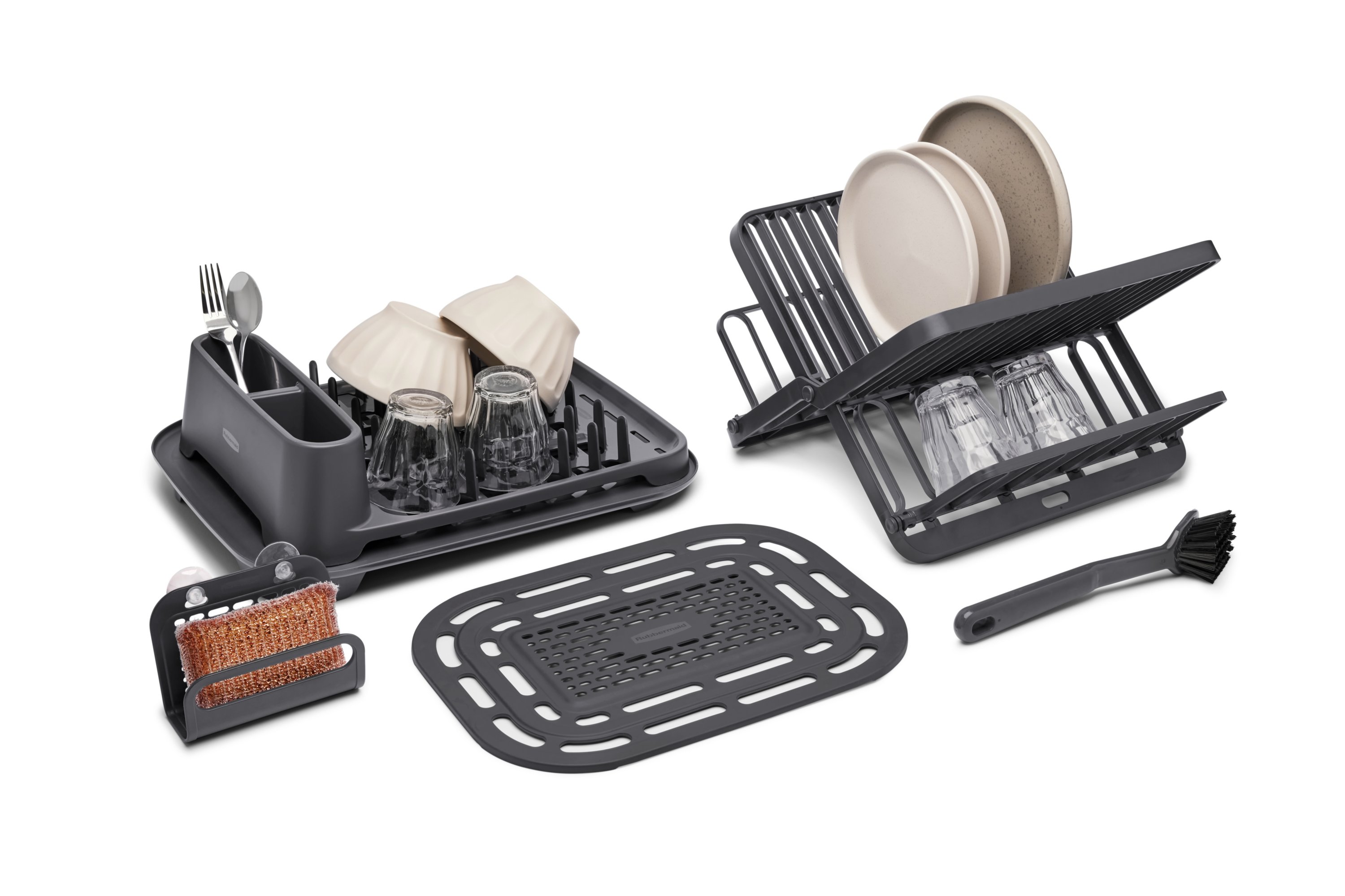 Rubbermaid Antimicrobial Sink Dish Rack Drainer Set, Black, 4-Piece Set 