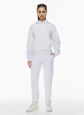 white sweatshirt and sweatpants set