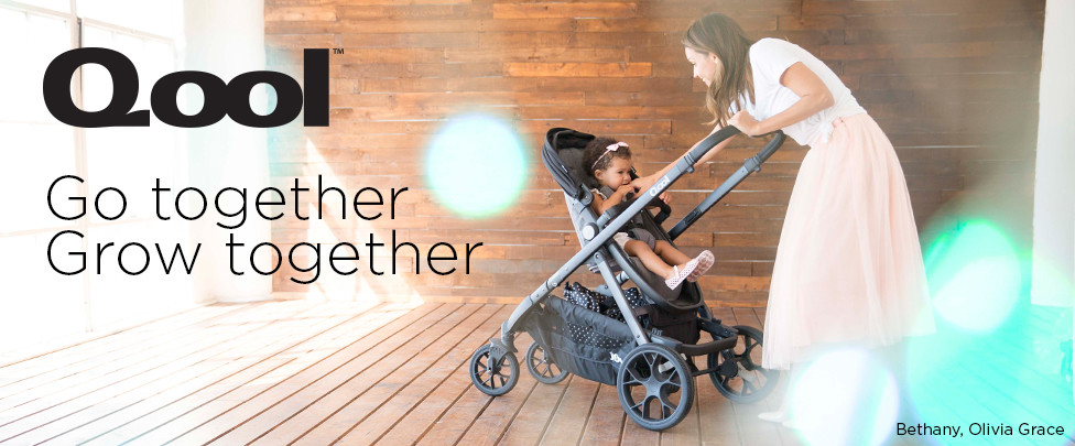 Qool: Go Together, Grow Together. Image of mother and child in stroller.
