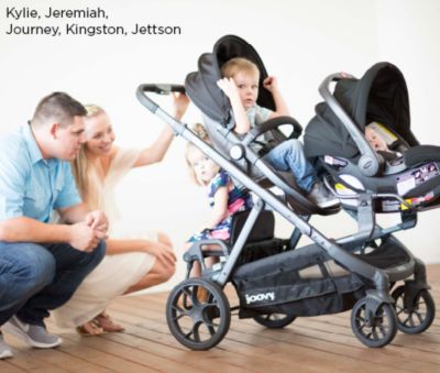Image of models Kylie, Jeremiah, Journey, Kingston, Jettson with triple stroller