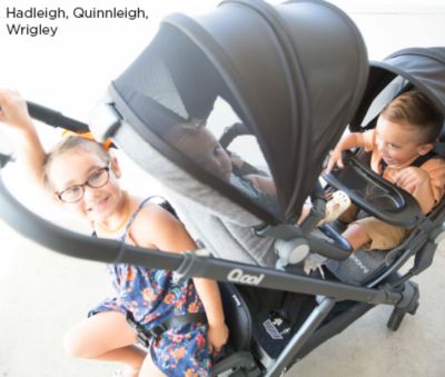 Image of models Hadleigh, Quinnleigh, Wrigley with triple stroller