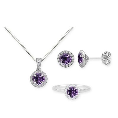 Sterling Silver Round Amethyst and White Sapphire Halo Ring, Earrings, and Necklace - Bed Bath & Beyond Sterling Silver Round... 