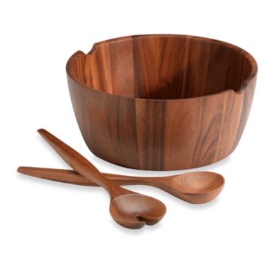 B.Smith Acacia Wood Round Salad Bowl and Servers - Bed Bath & Beyond