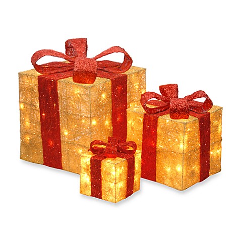 National Tree Company Sisal Pre-Lit Gift Boxes in Gold/Red (Set of 3 ...