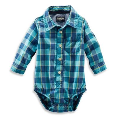 OshKosh B'gosh® Long-Sleeve Plaid Poplin Bodysuit in Blue - buybuy BABY