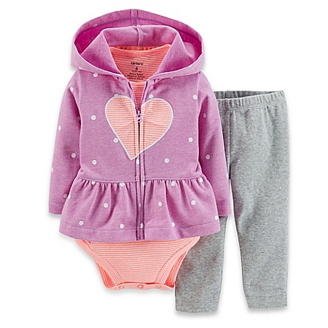 Carter's® 3-Piece French Terry Heart Hoodie, Bodysuit, and Pant Set in ...